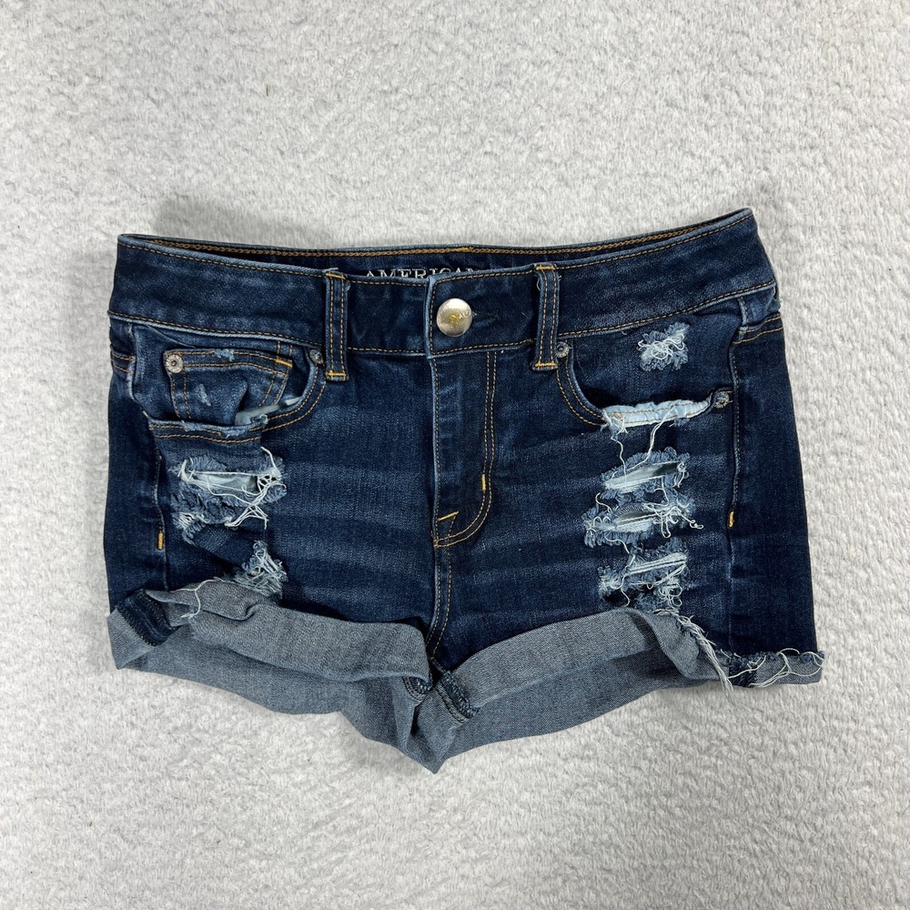 American Eagle X4 Shorts Women Sz 4 (26) Blue HI Rise Shortie 360 Super Stretch